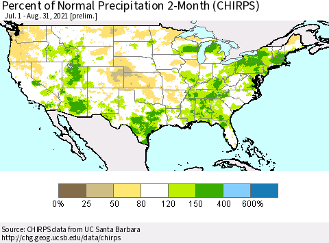 United States Percent of Normal Precipitation 2-Month (CHIRPS) Thematic Map For 7/1/2021 - 8/31/2021