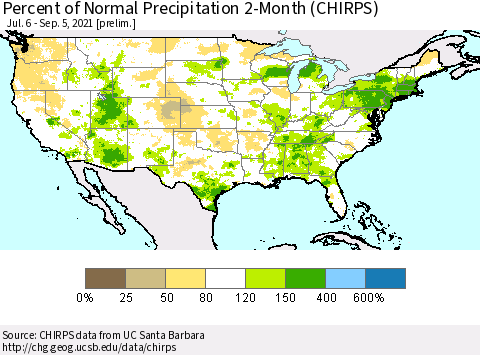 United States Percent of Normal Precipitation 2-Month (CHIRPS) Thematic Map For 7/6/2021 - 9/5/2021