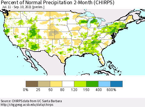 United States Percent of Normal Precipitation 2-Month (CHIRPS) Thematic Map For 7/11/2021 - 9/10/2021