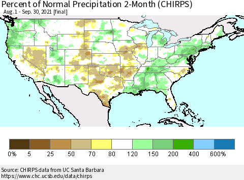 United States Percent of Normal Precipitation 2-Month (CHIRPS) Thematic Map For 8/1/2021 - 9/30/2021
