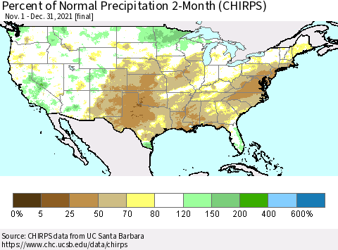 United States Percent of Normal Precipitation 2-Month (CHIRPS) Thematic Map For 11/1/2021 - 12/31/2021