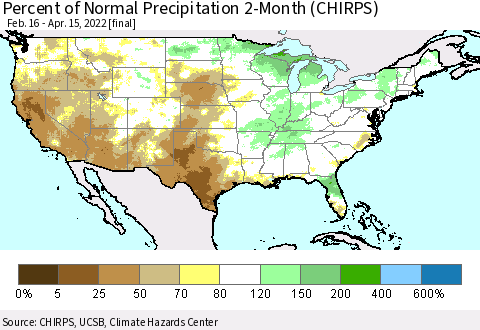 United States Percent of Normal Precipitation 2-Month (CHIRPS) Thematic Map For 2/16/2022 - 4/15/2022