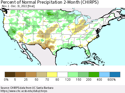 United States Percent of Normal Precipitation 2-Month (CHIRPS) Thematic Map For 11/1/2022 - 12/31/2022