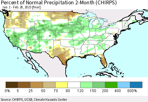 United States Percent of Normal Precipitation 2-Month (CHIRPS) Thematic Map For 1/1/2023 - 2/28/2023