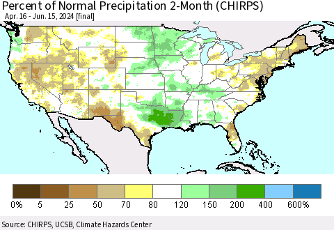 United States Percent of Normal Precipitation 2-Month (CHIRPS) Thematic Map For 4/16/2024 - 6/15/2024