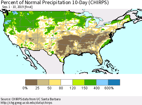 United States Percent of Normal Precipitation 10-Day (CHIRPS) Thematic Map For 9/1/2019 - 9/10/2019