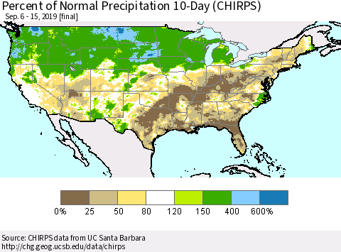 United States Percent of Normal Precipitation 10-Day (CHIRPS) Thematic Map For 9/6/2019 - 9/15/2019