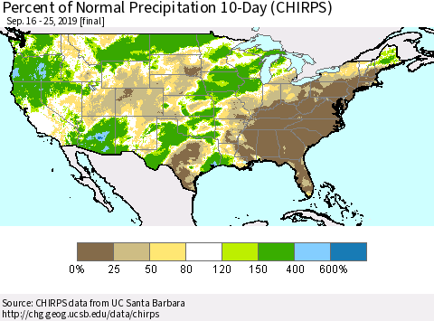 United States Percent of Normal Precipitation 10-Day (CHIRPS) Thematic Map For 9/16/2019 - 9/25/2019