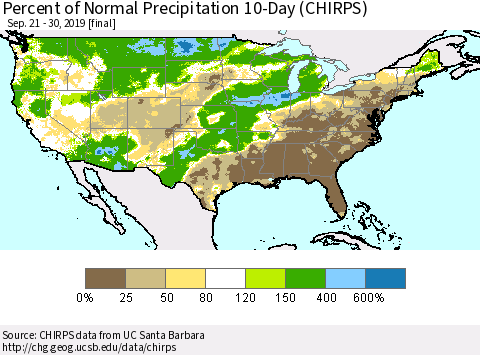 United States Percent of Normal Precipitation 10-Day (CHIRPS) Thematic Map For 9/21/2019 - 9/30/2019