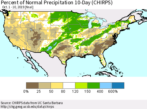 United States Percent of Normal Precipitation 10-Day (CHIRPS) Thematic Map For 10/1/2019 - 10/10/2019