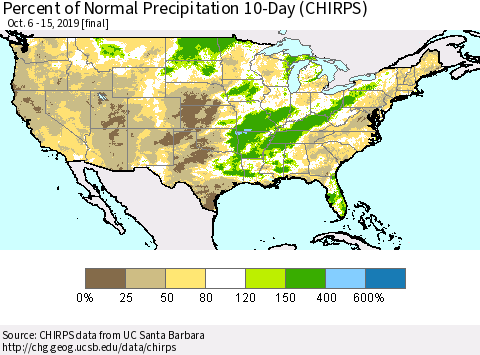 United States Percent of Normal Precipitation 10-Day (CHIRPS) Thematic Map For 10/6/2019 - 10/15/2019