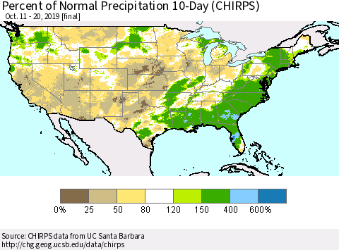 United States Percent of Normal Precipitation 10-Day (CHIRPS) Thematic Map For 10/11/2019 - 10/20/2019