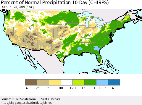 United States Percent of Normal Precipitation 10-Day (CHIRPS) Thematic Map For 10/16/2019 - 10/25/2019