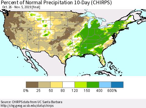 United States Percent of Normal Precipitation 10-Day (CHIRPS) Thematic Map For 10/26/2019 - 11/5/2019