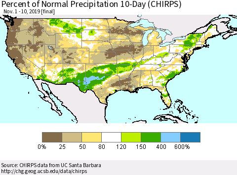 United States Percent of Normal Precipitation 10-Day (CHIRPS) Thematic Map For 11/1/2019 - 11/10/2019