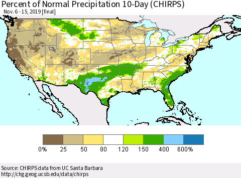 United States Percent of Normal Precipitation 10-Day (CHIRPS) Thematic Map For 11/6/2019 - 11/15/2019