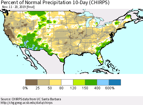 United States Percent of Normal Precipitation 10-Day (CHIRPS) Thematic Map For 11/11/2019 - 11/20/2019