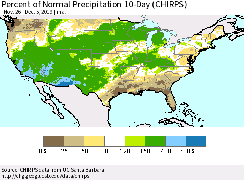 United States Percent of Normal Precipitation 10-Day (CHIRPS) Thematic Map For 11/26/2019 - 12/5/2019