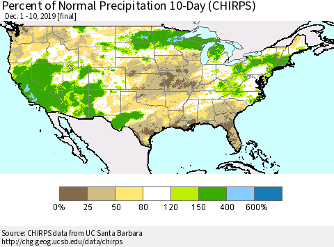 United States Percent of Normal Precipitation 10-Day (CHIRPS) Thematic Map For 12/1/2019 - 12/10/2019