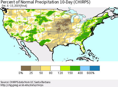 United States Percent of Normal Precipitation 10-Day (CHIRPS) Thematic Map For 12/6/2019 - 12/15/2019