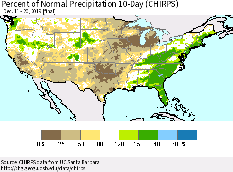 United States Percent of Normal Precipitation 10-Day (CHIRPS) Thematic Map For 12/11/2019 - 12/20/2019