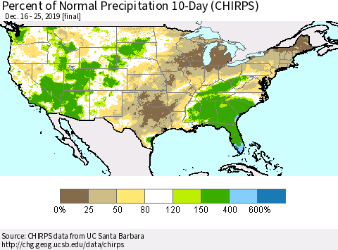 United States Percent of Normal Precipitation 10-Day (CHIRPS) Thematic Map For 12/16/2019 - 12/25/2019