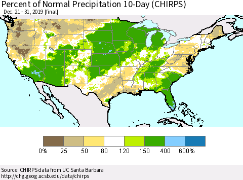 United States Percent of Normal Precipitation 10-Day (CHIRPS) Thematic Map For 12/21/2019 - 12/31/2019