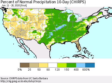 United States Percent of Normal Precipitation 10-Day (CHIRPS) Thematic Map For 1/11/2020 - 1/20/2020