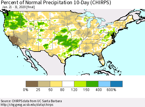 United States Percent of Normal Precipitation 10-Day (CHIRPS) Thematic Map For 1/21/2020 - 1/31/2020