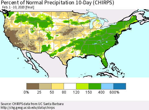 United States Percent of Normal Precipitation 10-Day (CHIRPS) Thematic Map For 2/1/2020 - 2/10/2020