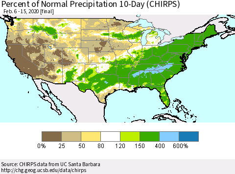 United States Percent of Normal Precipitation 10-Day (CHIRPS) Thematic Map For 2/6/2020 - 2/15/2020