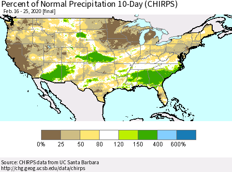United States Percent of Normal Precipitation 10-Day (CHIRPS) Thematic Map For 2/16/2020 - 2/25/2020