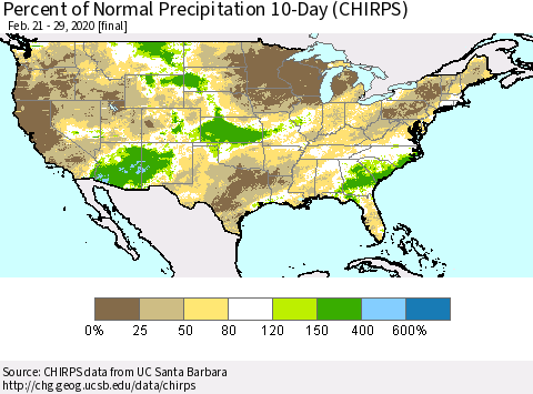 United States Percent of Normal Precipitation 10-Day (CHIRPS) Thematic Map For 2/21/2020 - 2/29/2020