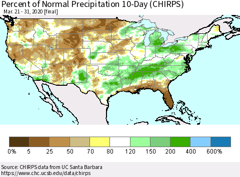 United States Percent of Normal Precipitation 10-Day (CHIRPS) Thematic Map For 3/21/2020 - 3/31/2020