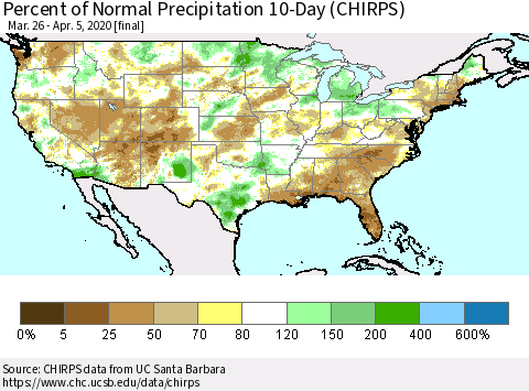 United States Percent of Normal Precipitation 10-Day (CHIRPS) Thematic Map For 3/26/2020 - 4/5/2020