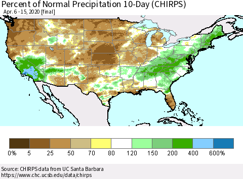 United States Percent of Normal Precipitation 10-Day (CHIRPS) Thematic Map For 4/6/2020 - 4/15/2020