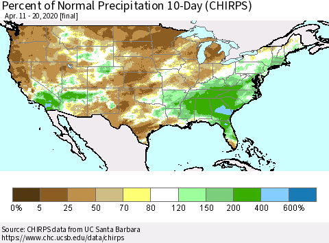 United States Percent of Normal Precipitation 10-Day (CHIRPS) Thematic Map For 4/11/2020 - 4/20/2020