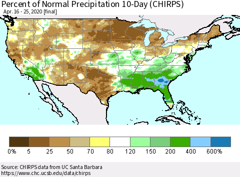 United States Percent of Normal Precipitation 10-Day (CHIRPS) Thematic Map For 4/16/2020 - 4/25/2020
