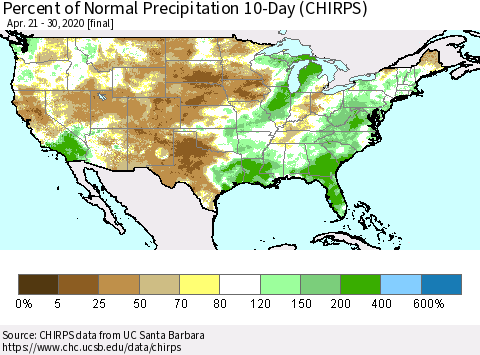 United States Percent of Normal Precipitation 10-Day (CHIRPS) Thematic Map For 4/21/2020 - 4/30/2020