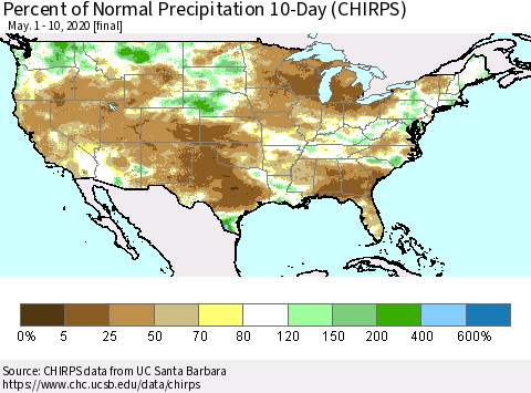 United States Percent of Normal Precipitation 10-Day (CHIRPS) Thematic Map For 5/1/2020 - 5/10/2020