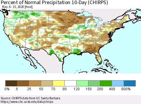 United States Percent of Normal Precipitation 10-Day (CHIRPS) Thematic Map For 5/6/2020 - 5/15/2020