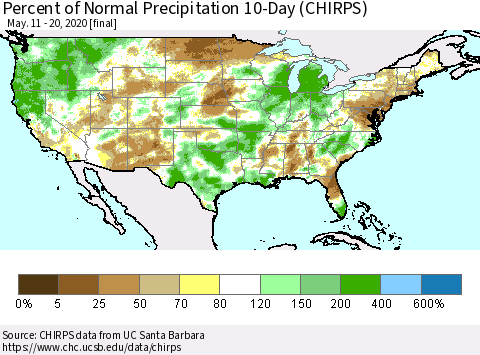 United States Percent of Normal Precipitation 10-Day (CHIRPS) Thematic Map For 5/11/2020 - 5/20/2020