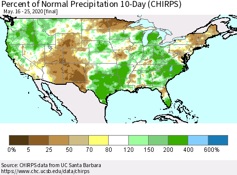 United States Percent of Normal Precipitation 10-Day (CHIRPS) Thematic Map For 5/16/2020 - 5/25/2020