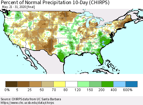 United States Percent of Normal Precipitation 10-Day (CHIRPS) Thematic Map For 5/21/2020 - 5/31/2020