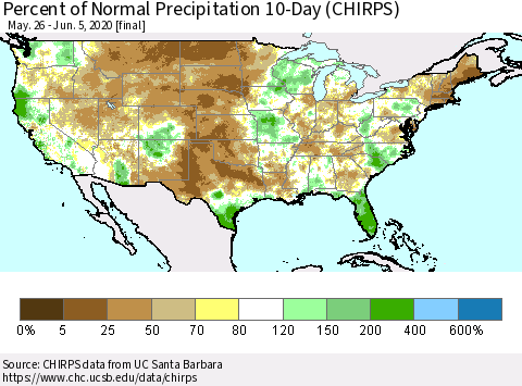 United States Percent of Normal Precipitation 10-Day (CHIRPS) Thematic Map For 5/26/2020 - 6/5/2020