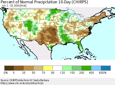 United States Percent of Normal Precipitation 10-Day (CHIRPS) Thematic Map For 6/1/2020 - 6/10/2020