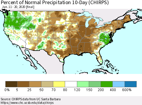United States Percent of Normal Precipitation 10-Day (CHIRPS) Thematic Map For 6/11/2020 - 6/20/2020