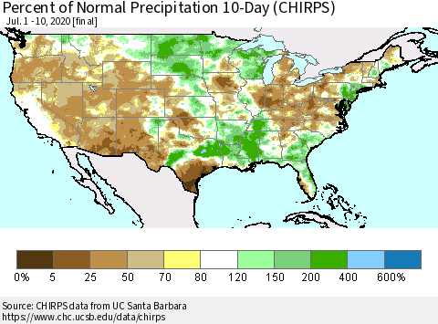 United States Percent of Normal Precipitation 10-Day (CHIRPS) Thematic Map For 7/1/2020 - 7/10/2020