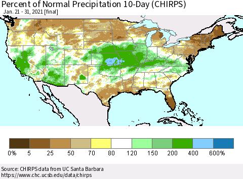 United States Percent of Normal Precipitation 10-Day (CHIRPS) Thematic Map For 1/21/2021 - 1/31/2021