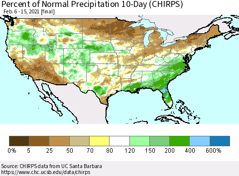 United States Percent of Normal Precipitation 10-Day (CHIRPS) Thematic Map For 2/6/2021 - 2/15/2021